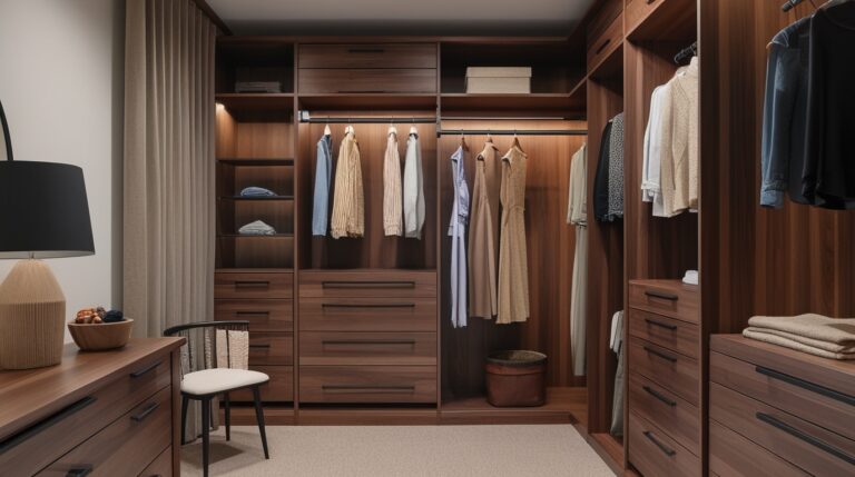 A walk-in wardrobe made entirely of wood that connects to a master bedroom