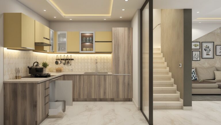 An innovative L-shaped kitchen with a rustic aesthetic