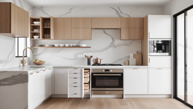 An L-shaped kitchen with gorgeous wood and marble