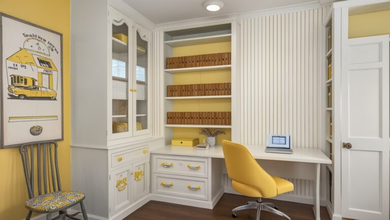 A Home Office Design with a Yellow and White Theme