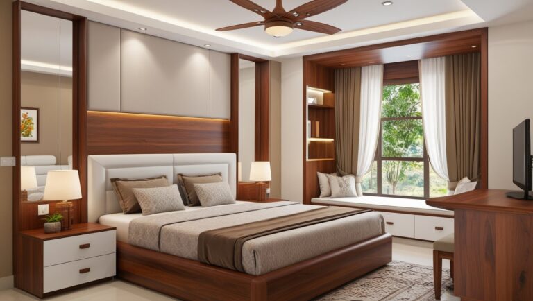 A sleek dresser and TV unit in a brown and white bedroom