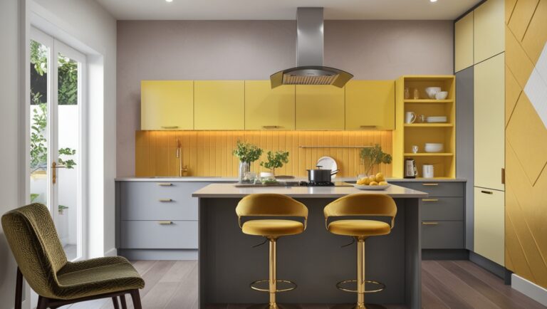 A flexible Island Kitchen Design With An Accent Wall 