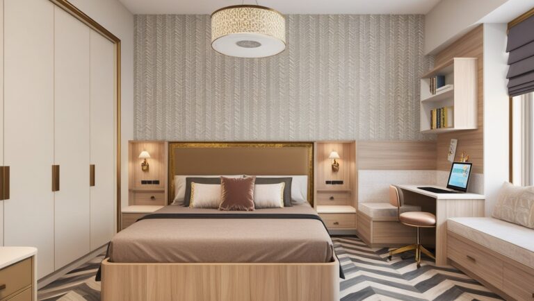 A Contemporary Bedroom With A Small Study Area
