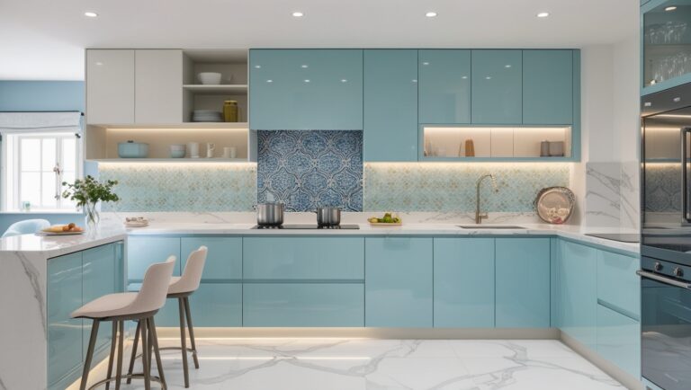 A Wide Breakfast Counter in a Pastel Blue Kitchen