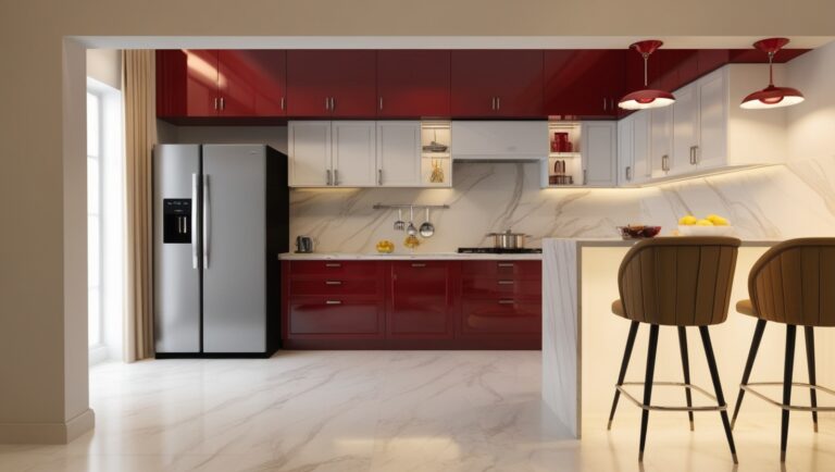A Breakfast Counter in a Large Red Kitchen