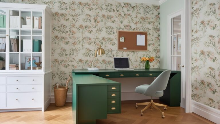 A Simple Home Office Design Using Wallpaper With Floral Patterns