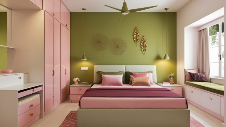 A bedroom with shades of pink and olive green with furniture that saves space