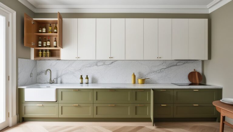 A kitchen with a straight shape and a breakfast counter that folds up