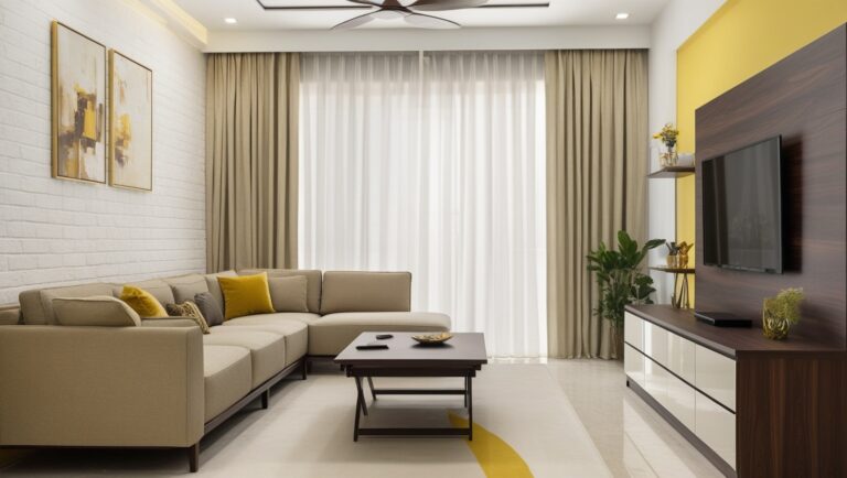 An Elegant Living Room Design With A Dark Wood Laminate TV Unit