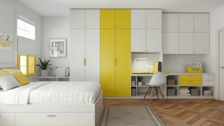 An inbuilt study unit and a white and yellow wardrobe