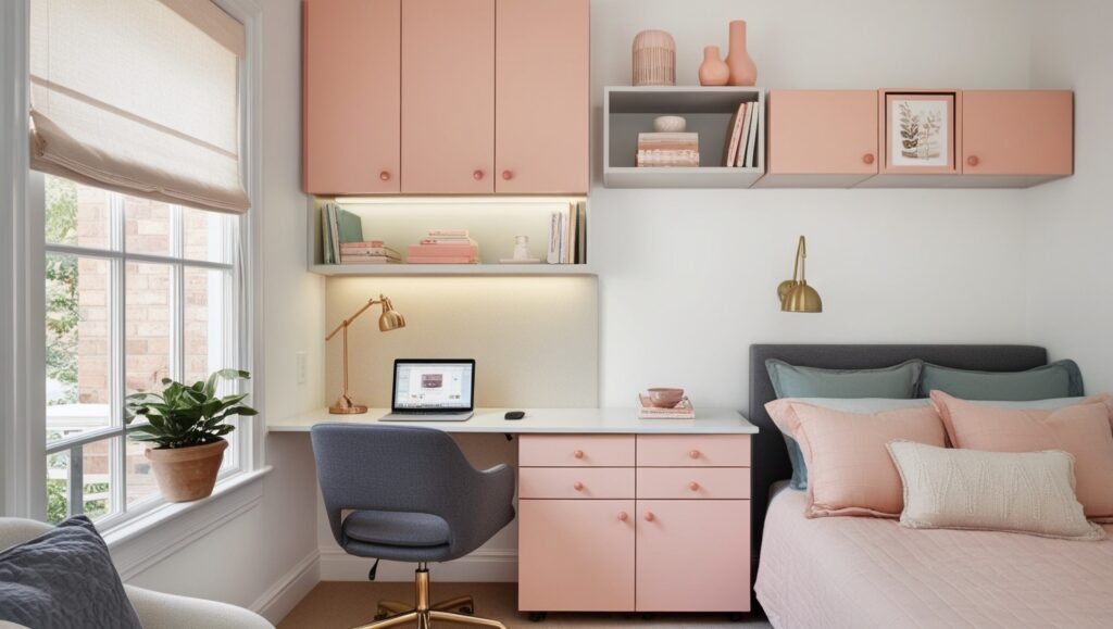 9. A Home Office Corner With Wall Mounted Desk And Cabinets