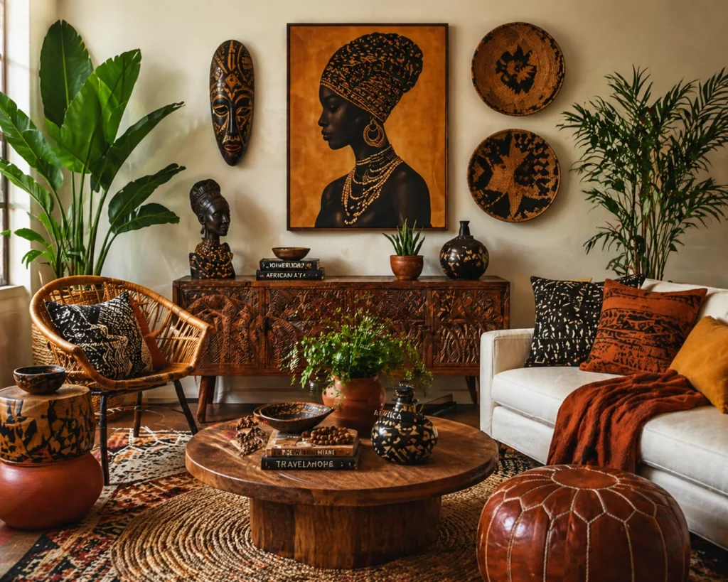 Boho African style bedroom with vibrant textiles and decor