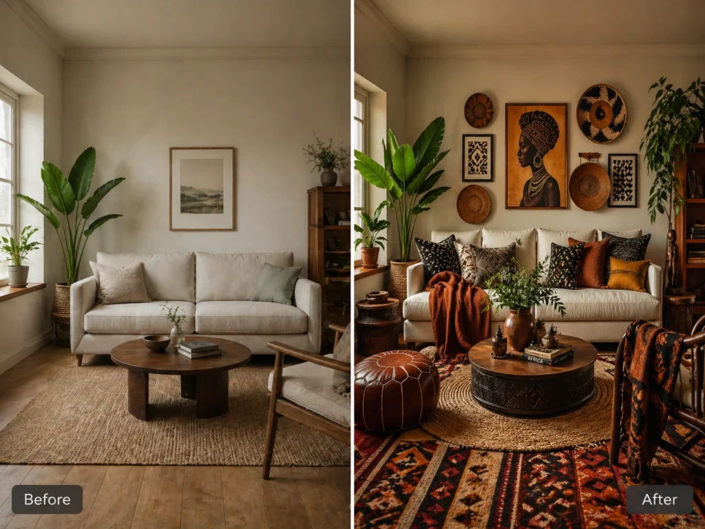 Before and after Afrohemian room decor transformation