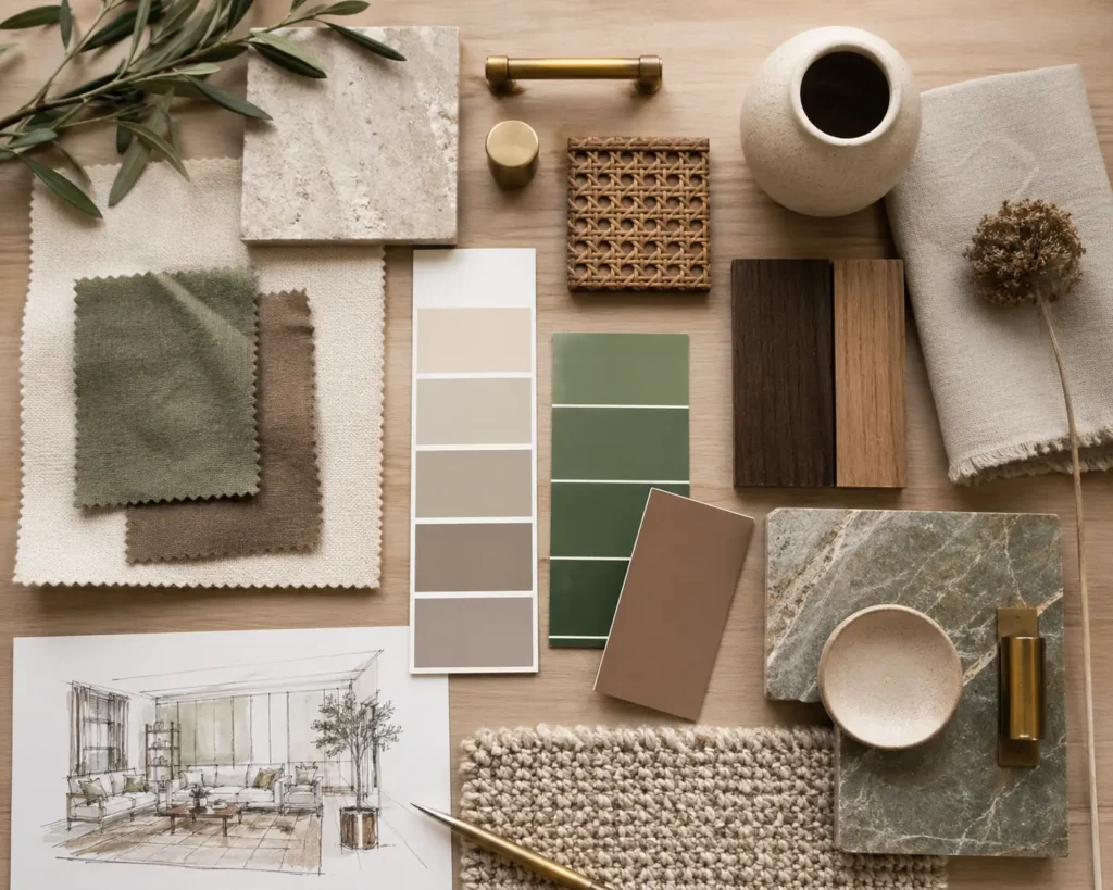 Home decor mood board with warm colors, textures, wood, fabric, and material samples
