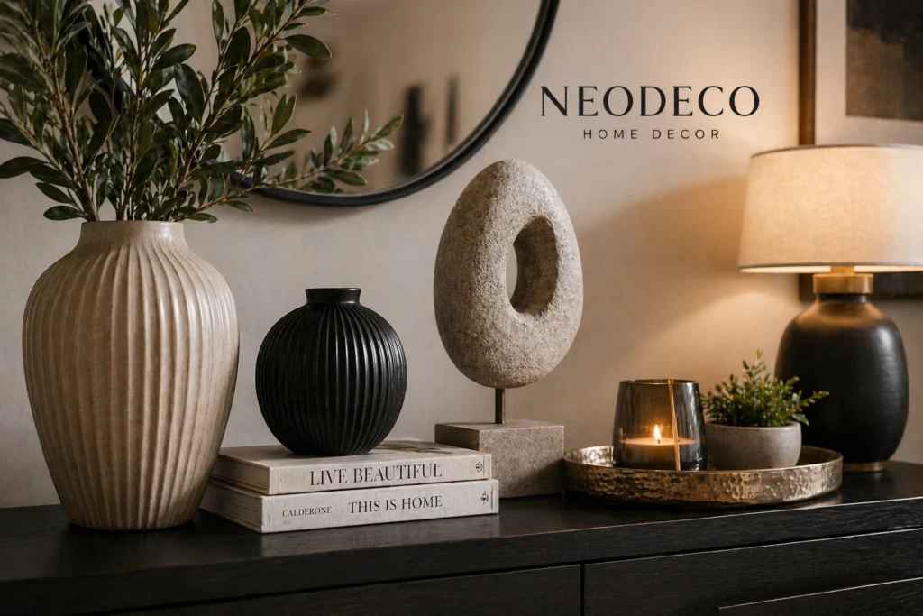 Neodeco home decor accent pieces on a modern shelf