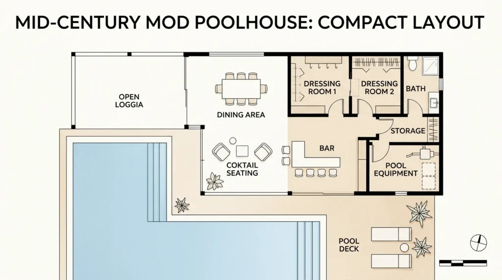 1968 Atlanta poolhouse layout with loggia, dressing rooms, baths, and storage