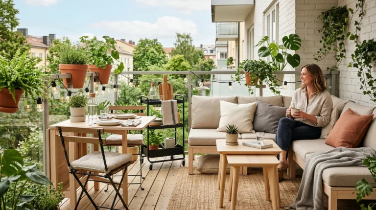 Multi-use outdoor setup with IKEA-style seating, tables, plants, and patio decor