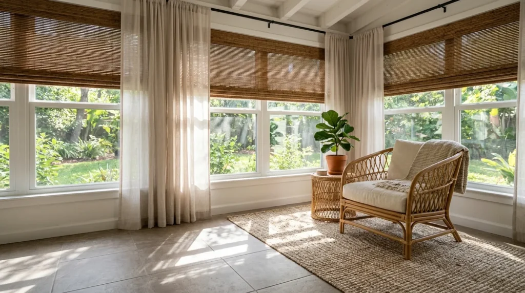Sunroom window treatments with woven shades, curtains, tile flooring, and indoor-outdoor rug