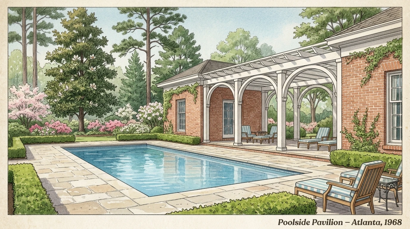 Atlanta poolhouse Jova Daniels Busby archive inspired 1968 poolside pavilion