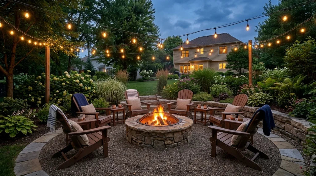 Backyard fire pit hardscaping idea with stone circle, gravel base, and seating