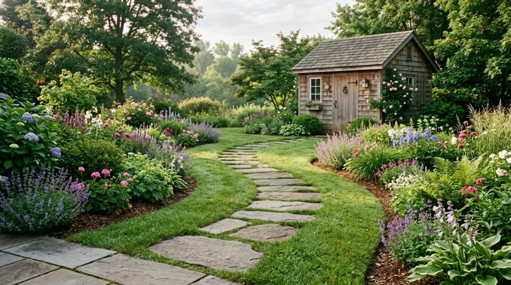 Backyard stepping stone walkway through grass and garden beds