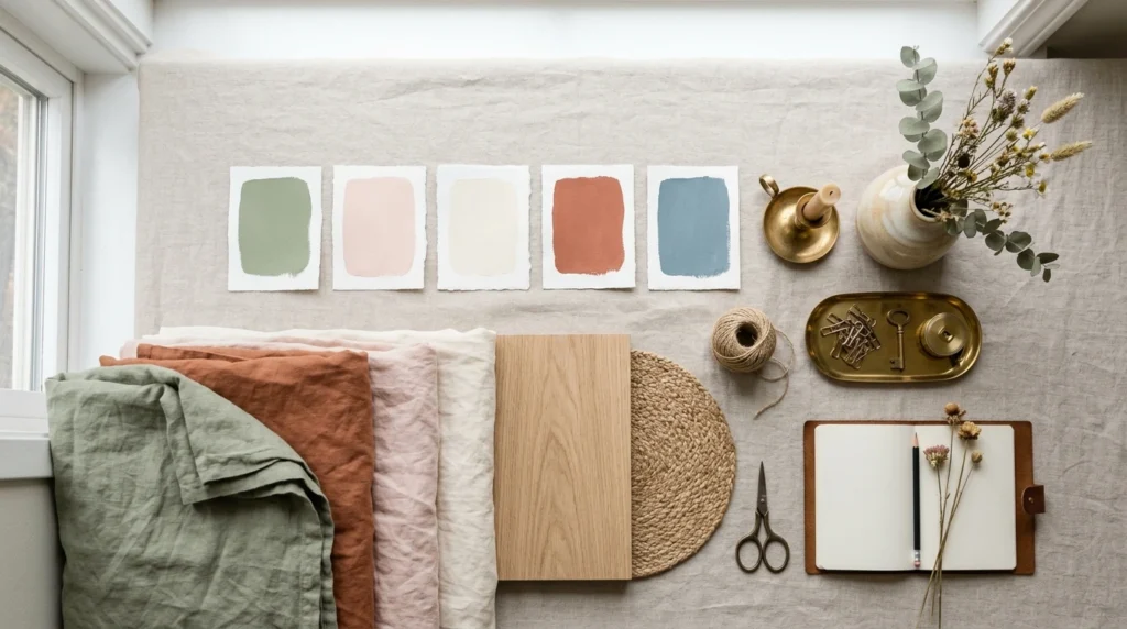 Bedroom color palette with paint swatches, bedding fabric, and decor samples