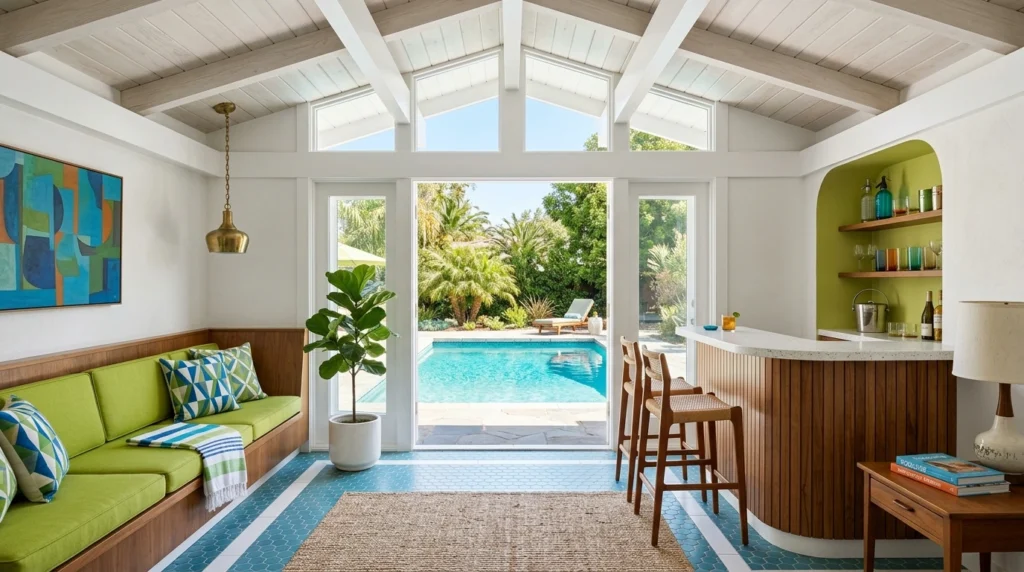 Blue and lime green poolhouse interior inspired by 1960s pavilion design