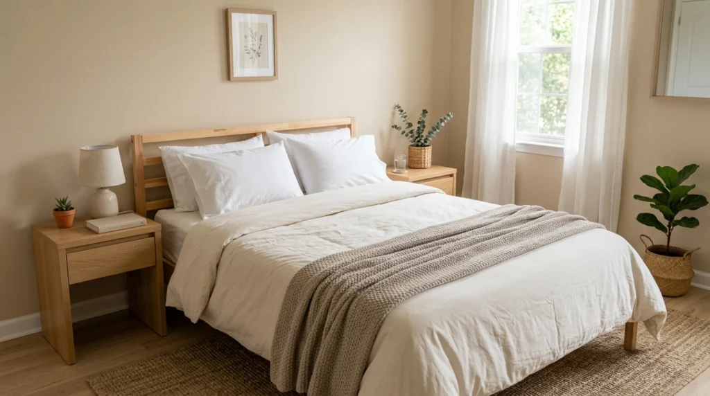 Budget bedroom bedding upgrade with neutral duvet cover, pillows, and throw blanket