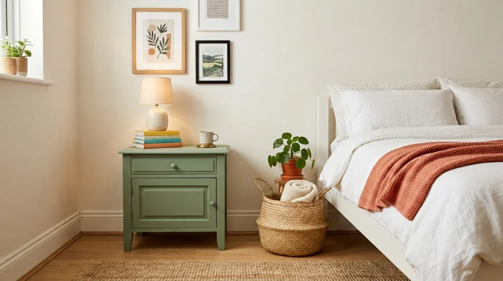 Budget colorful bedroom makeover with painted nightstand and bright decor