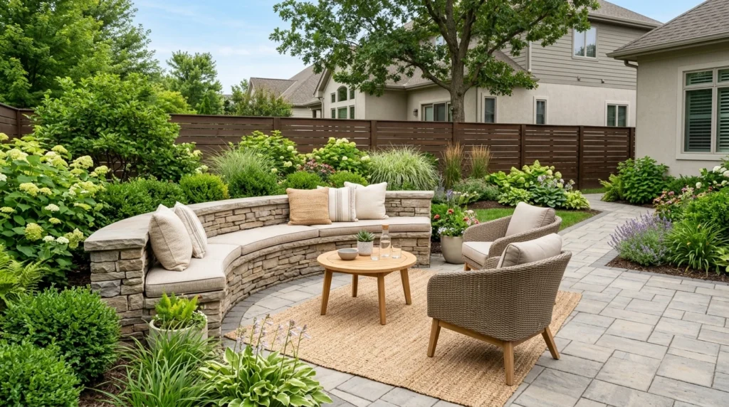 Built-in backyard seating wall around a paver patio with plants and cushions