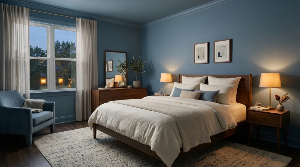 Muted blue color drenched bedroom with matching walls, trim, and ceiling