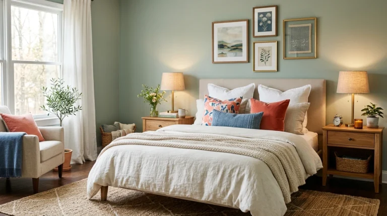 Colorful bedroom decorating ideas with cozy bedding, painted walls, and warm lighting