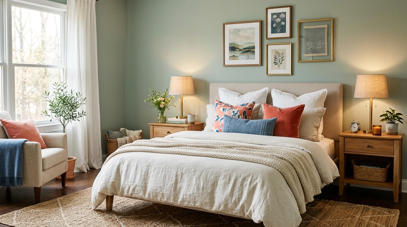 Colorful bedroom decorating ideas with cozy bedding, painted walls, and warm lighting