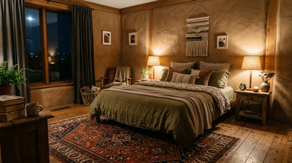 Colorful bedroom lighting with warm lamps and soft evening mood