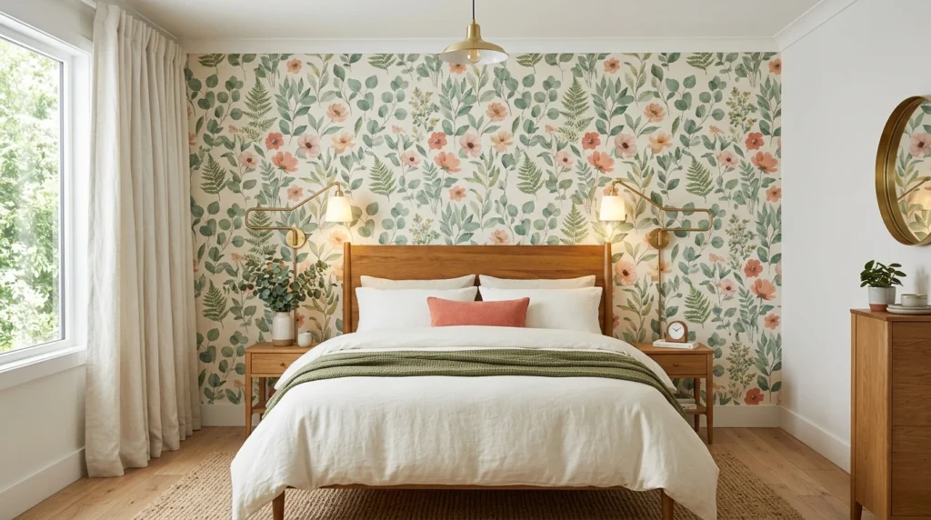 Colorful bedroom wallpaper feature wall behind the bed