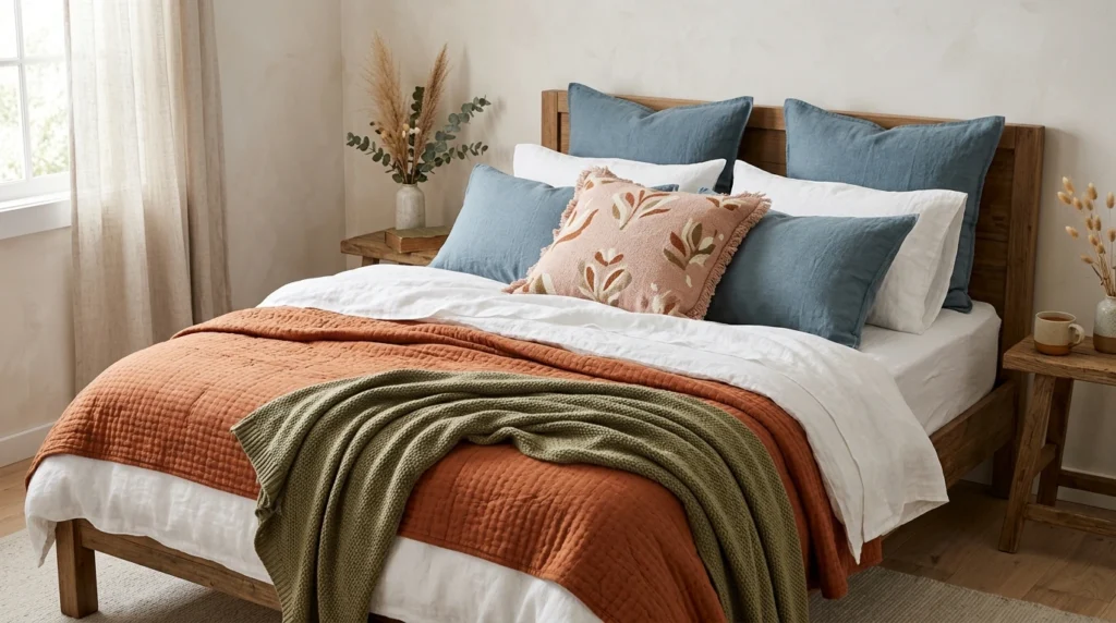 Colorful layered bedding with pillows, quilt, and textured throw