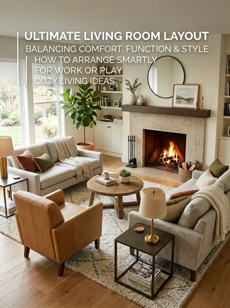 Cozy fireplace living room layout with sofa, armchairs, rug, and warm lighting