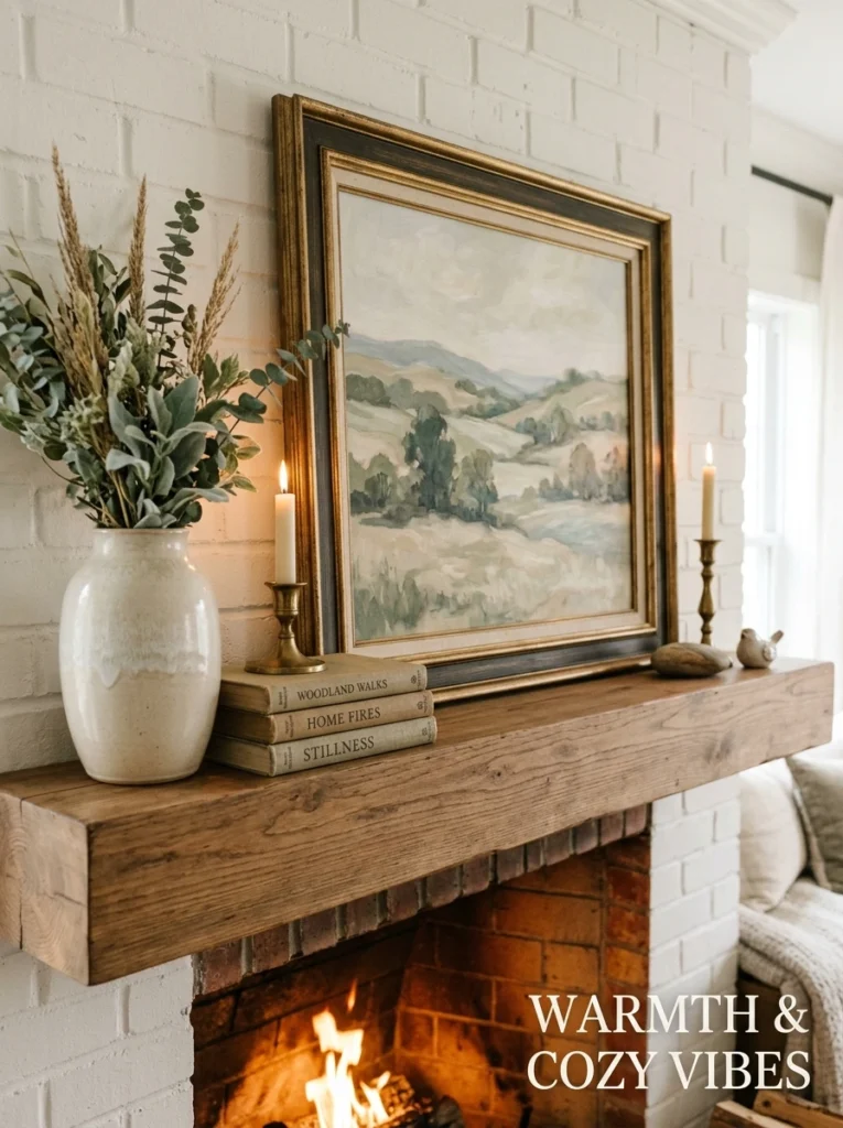 Cozy fireplace mantel styling with art, books, candles, vase, and greenery