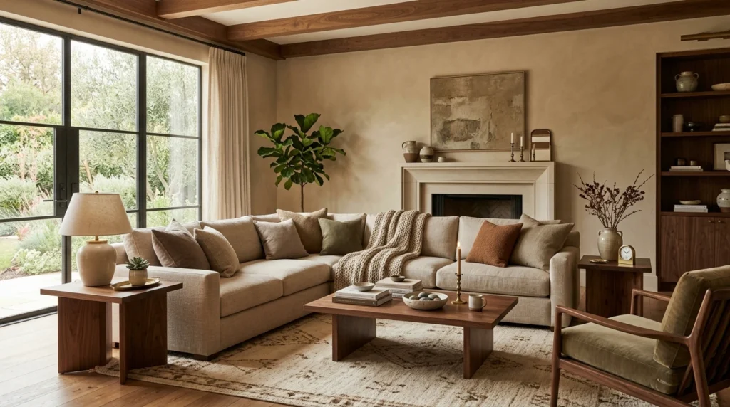 Designer living room with warm neutral palette, wood accents, linen upholstery, and layered textures