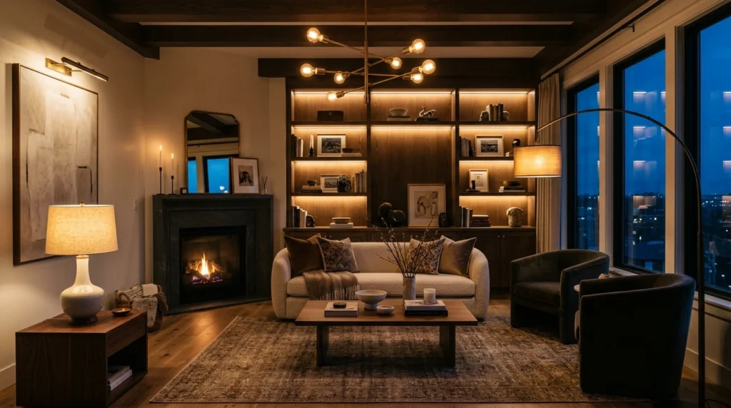 Designer living room with layered lighting including table lamp, floor lamp, and soft ambient glow