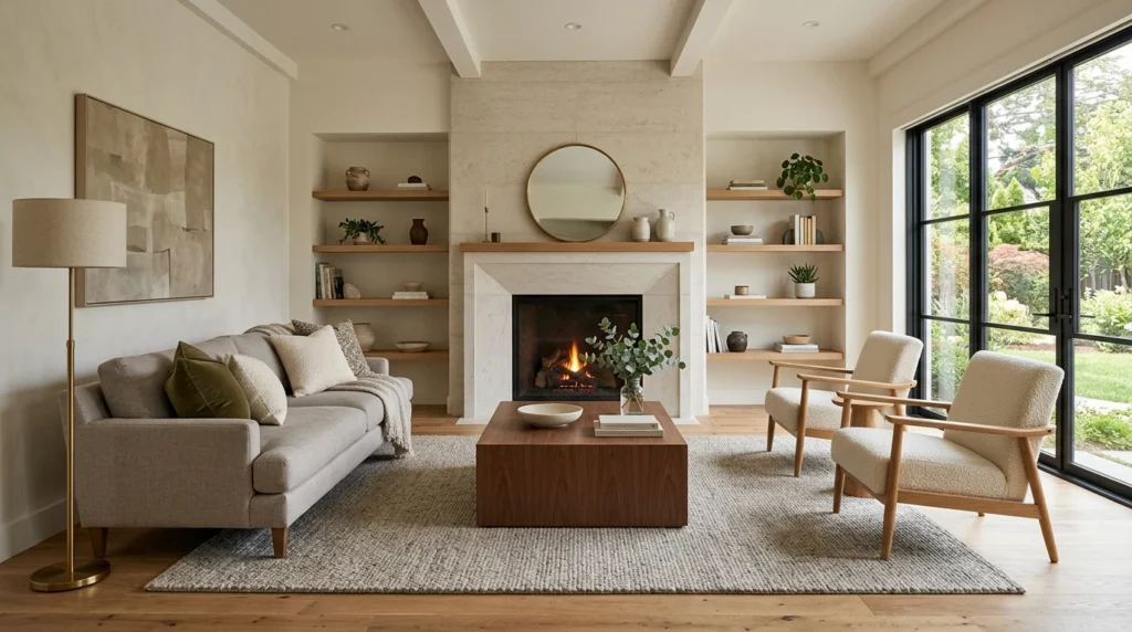 Designer living room layout with balanced sofa placement, accent chairs, centered rug, and coffee table