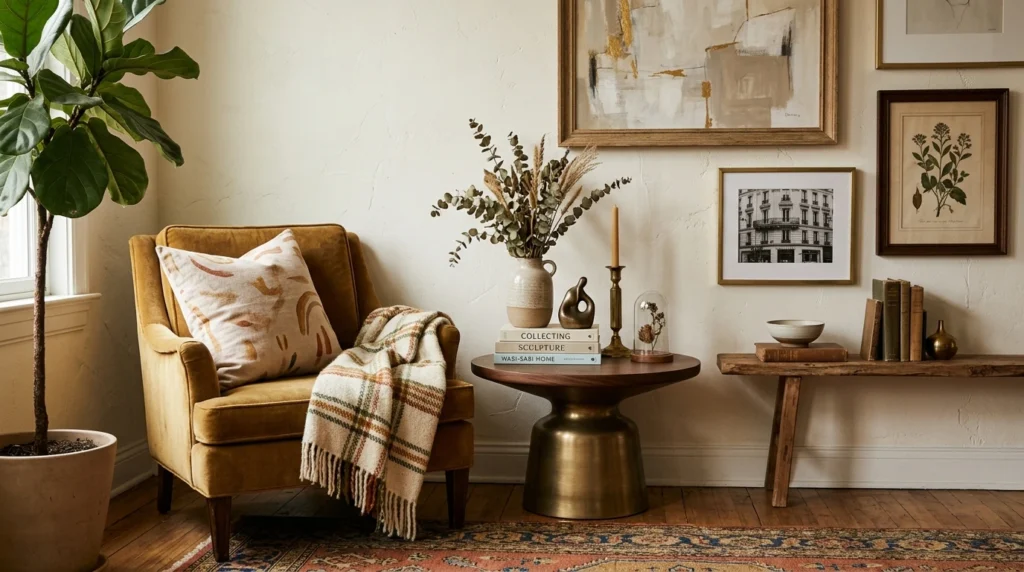 Designer living room with curated art, books, vintage accents, and personal decor details