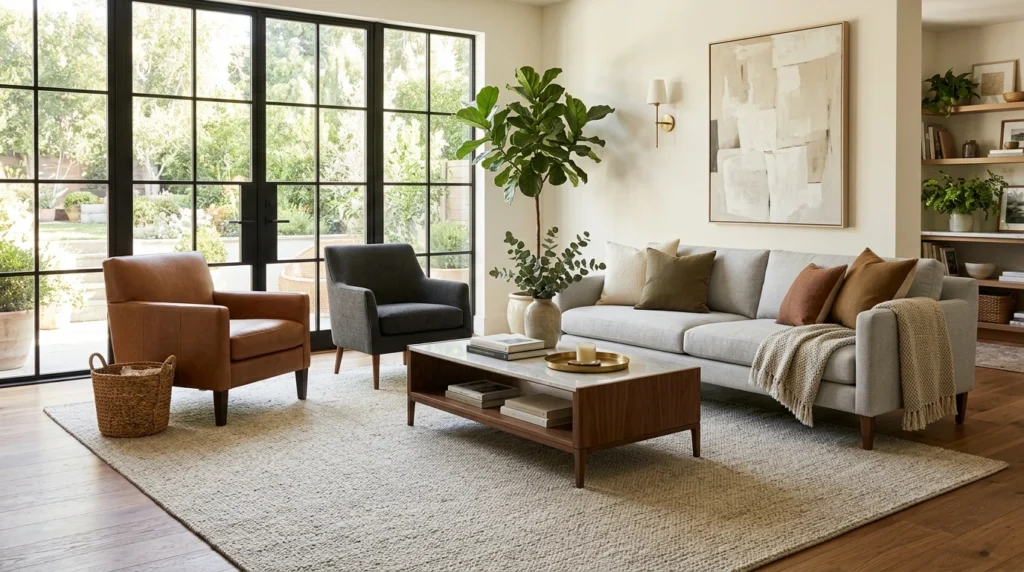 Large area rug anchoring a designer living room seating arrangement with sofa and accent chairs