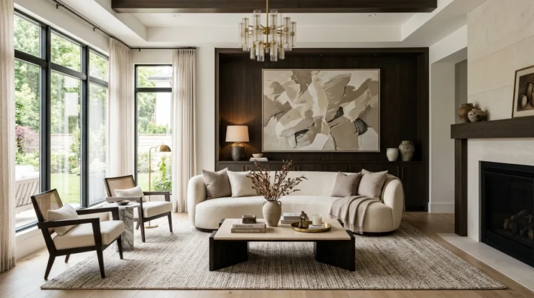 Designer living room with warm neutral tones, curved sofa, layered lighting, large rug, and elegant modern decor