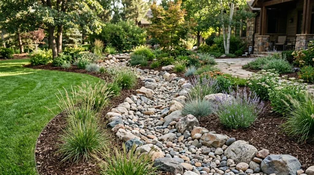 Dry creek bed with river rocks, boulders, plants, and backyard drainage design