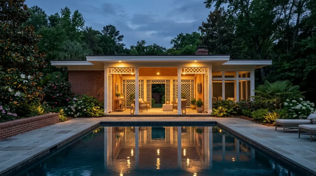 Evening poolhouse pavilion with soft lights beside a swimming pool
