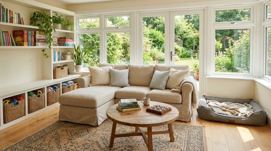 Family-friendly sunroom with washable rug, storage baskets, and durable seating