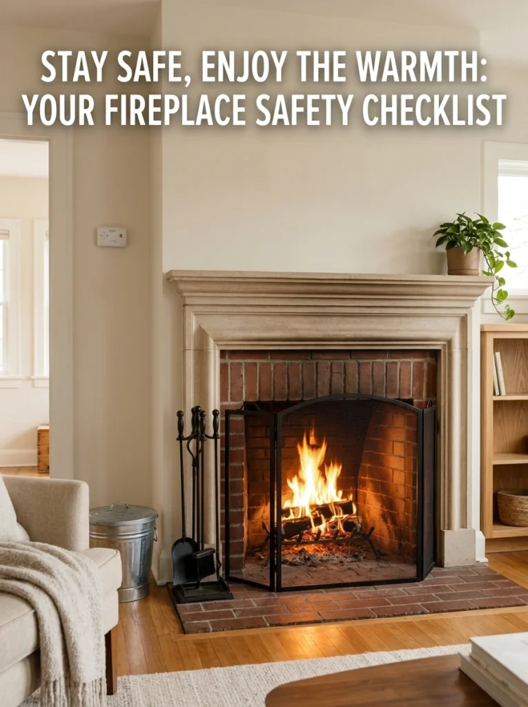 Fireplace safety setup with screen, ash bucket, clear hearth space, and carbon monoxide alarm