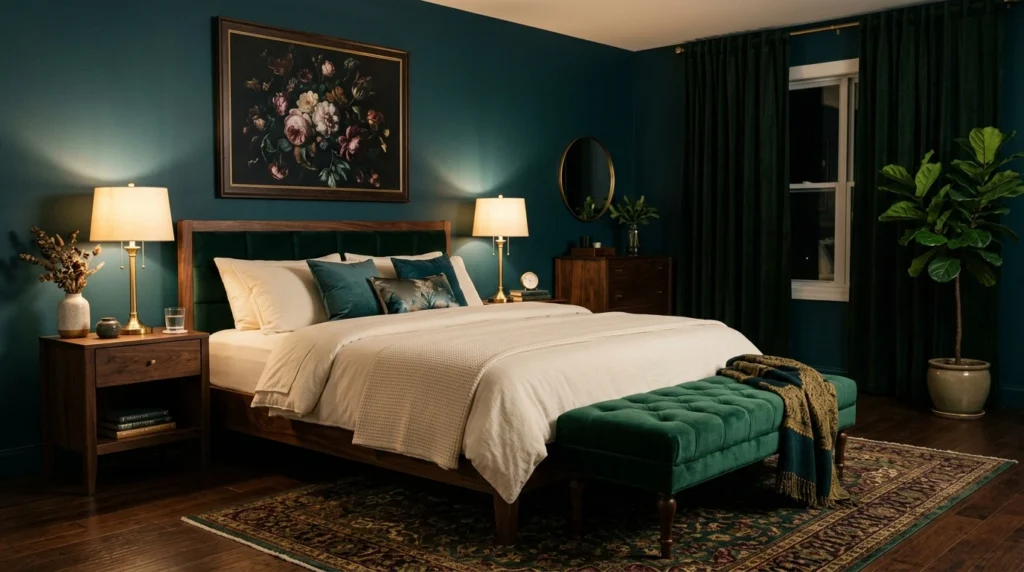 Jewel tone bedroom with deep teal walls and ivory bedding