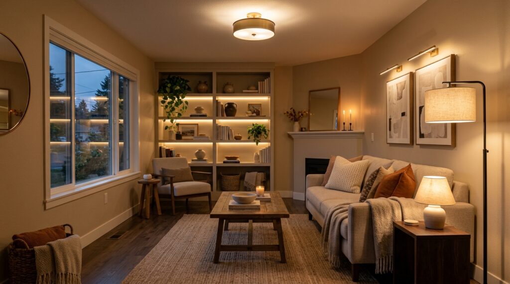Layered lighting in a small living room with floor lamp, table lamp, ceiling light, and warm accent lighting
